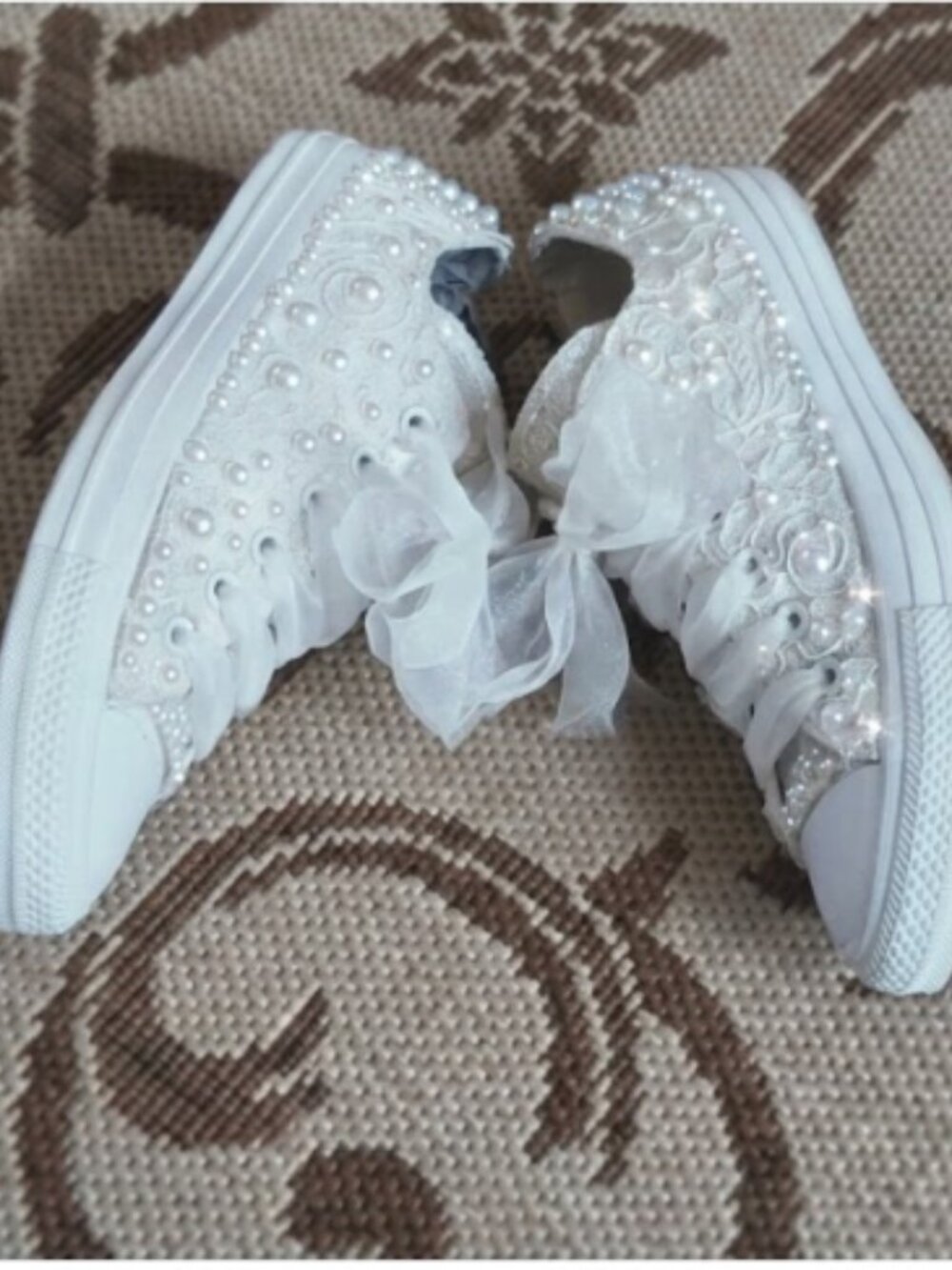 Converse Custom Wedding Lace & Pearls Bridal Sneakers Size 9 White - Picture 16 of 16